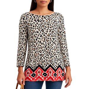 Chicos Womens L Animal Print Tunic Top Long Sleeve Stretch Boho Festival Casual